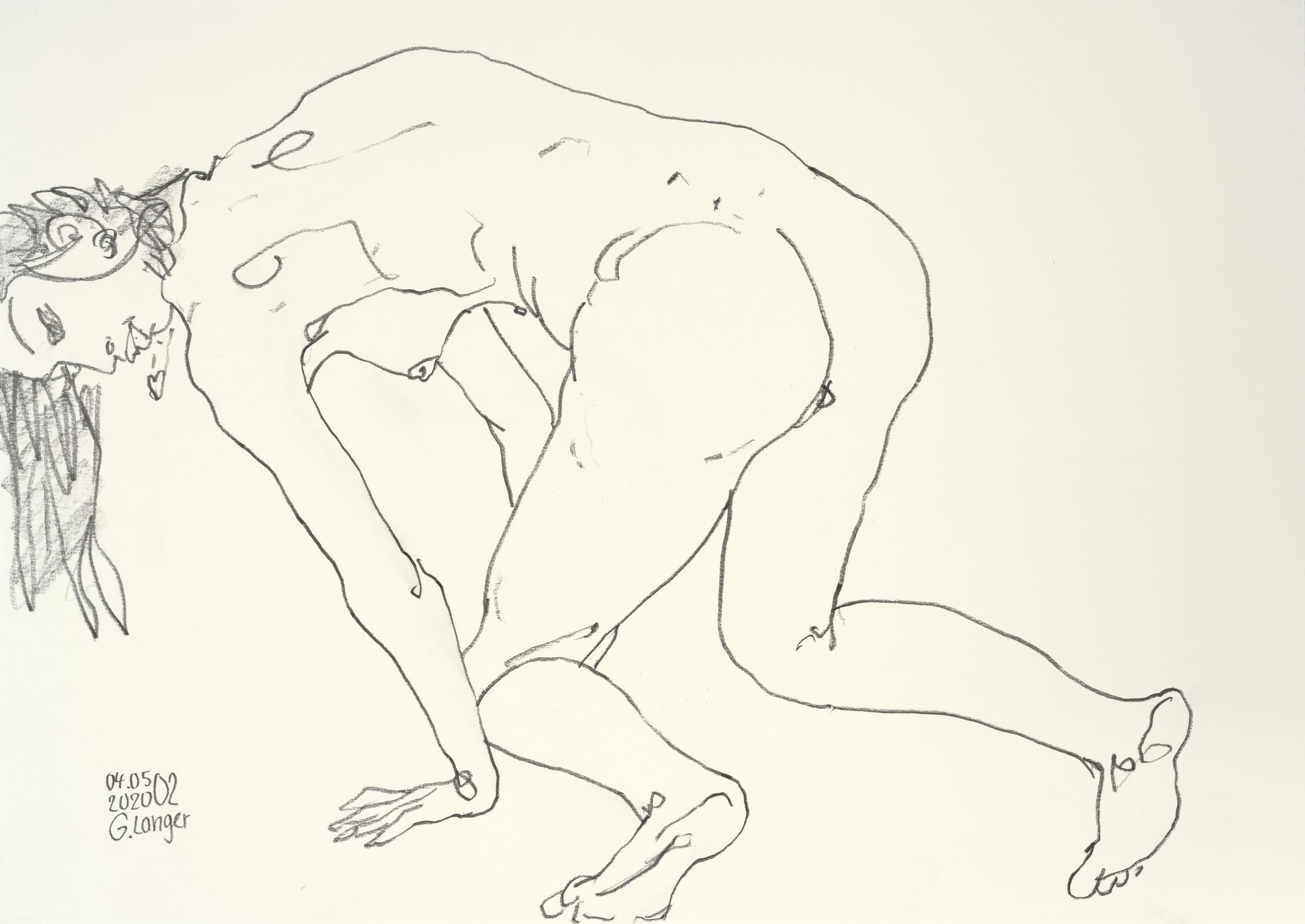 Gunter Langer, Nacktes Mädchen kniend, 2020, Zeichenpapier, 42 x 59 cm